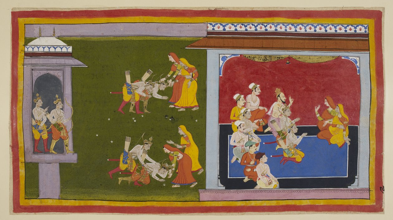 Add hozzá 15296 (1) f.90r, A hercegek elmennek, hogy találkozzanak a többi édesanyjukkal a zenánában, de Kausalya és Sumitra, vörös és sárga gyászszáriba öltözve, miután hallottak visszatérésükről, már elindultak találkozni. őket. Kausalya szemrehányást te alkotó: Indian School