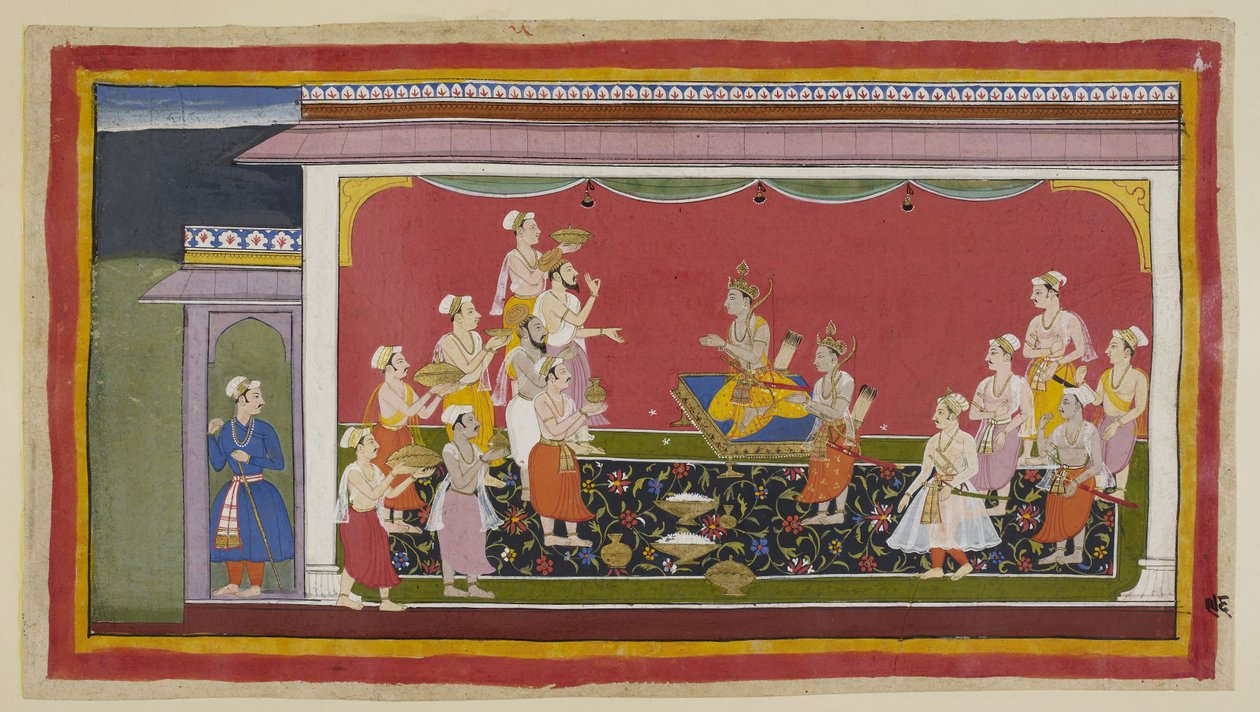 Add hozzá az 15296 (1) f.96r-t, Bharata és Shatrughna elvégezték apjuk temetési szertartását, és tizennégy nappal később, az előírt gyászidő után a Vasistha vezette papok és lelkészek elhozzák a koronázáshoz szükséges tárgyakat Bharatába. alkotó: Indian School