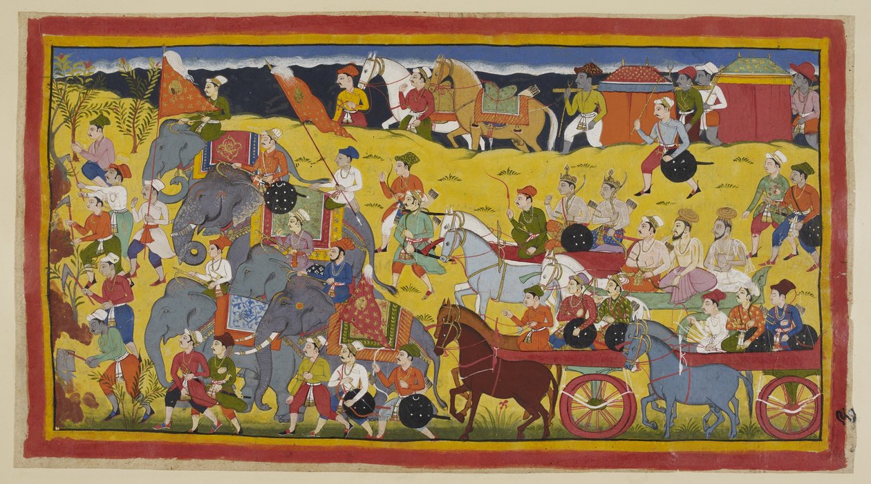Add 15296 (1) f.97r, A hercegek gurukkal, minisztereikkel és seregükkel elindulnak az erdő felé, előttük férfiak, akik kivágták a fákat, hogy utat csináljanak, és a királyi elefántok. Két alom szállítja a királynőket, előtte két vezetett lovagló. alkotó: Indian School