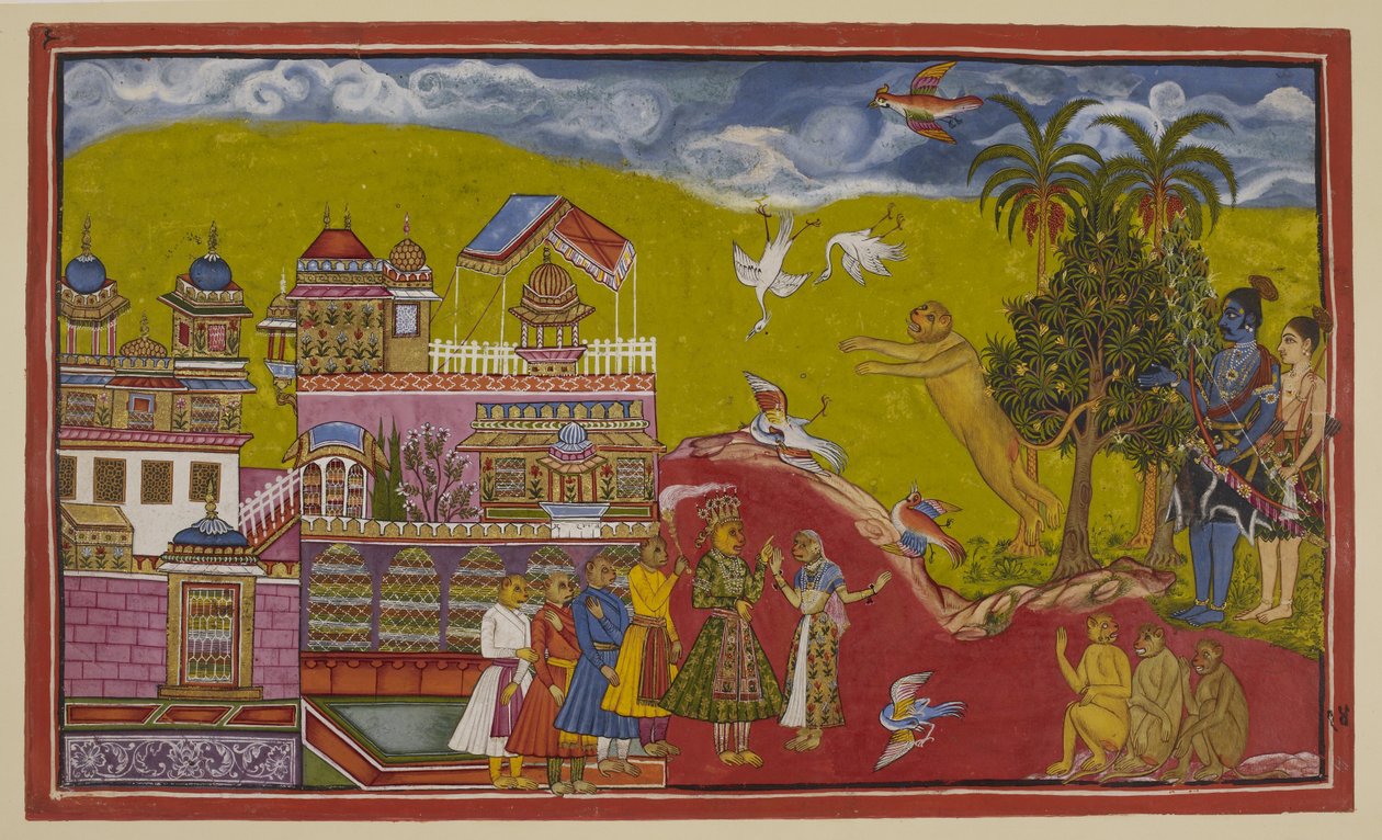 Add hozzá 15296 (2) f.14r, Sugriva és szövetségesei Bali kiskindhai palotájába érkeztek. Sugriva úgy üvölti kihívását, hogy a madarak ijedten hullanak ki az égből. Bali, királynője, Tara és miniszterei feltűntek a felhajtás hallatán. Th alkotó: Indian School