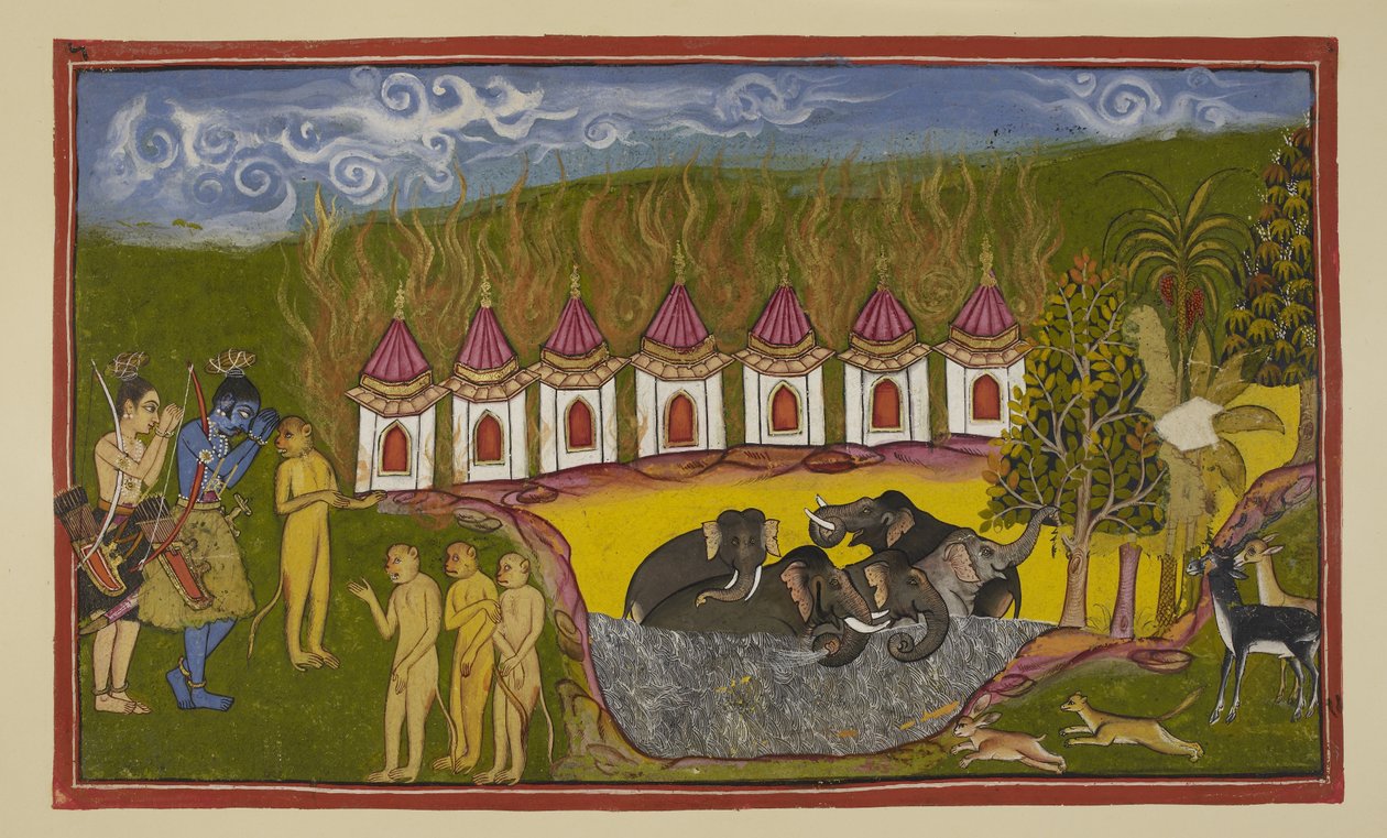 Add hozzá 15296 (2) f.15r, Sugriva vereséget szenvedett, és szemrehányást tesz Rámának, amiért nem segített neki, de Rama elmondja neki, hogy nem tudott különbséget tenni közte és testvére között. Visszafelé Kiskindhába, hogy megújítsa a kihívást, Rama és  alkotó: Indian School