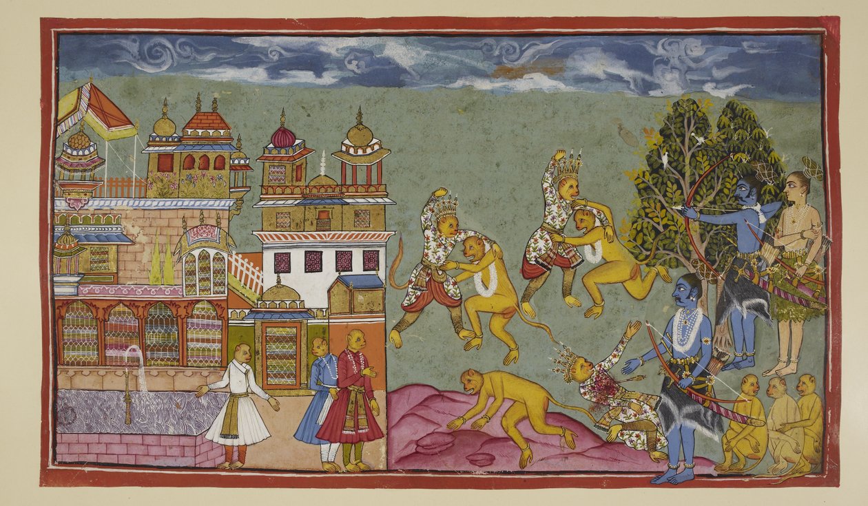 Add hozzá 15296 (2) f.18r, A palotán kívül Sugriva és Bali hevesen ütik egymást ököllel és szögekkel, majd fákat és sziklákat tépnek, de Bali az erősebb, és lassan Sugriva kénytelen megadni a terepet. Amikor Rama látja, hogy Sugriva veszít, k alkotó: Indian School