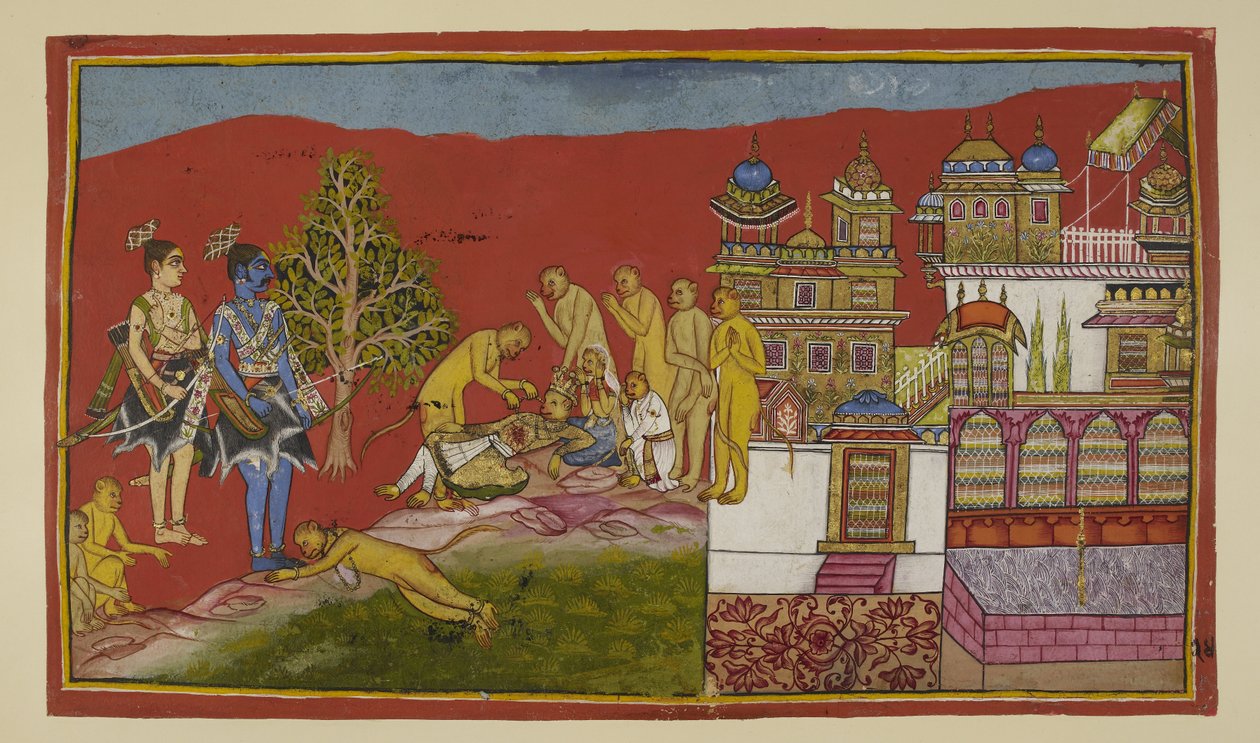 Add hozzá 15296 (2) f.24r, A palotán kívül Bali haldoklik. Tara és fiuk, Angada kijöttek a palotából, hogy sírjanak neki, míg Hanuman és a többi majom vigasztalja őket. Bali feléled ájulásából, hogy elmondja Sugrivának, hogy elhagyja királyságát alkotó: Indian School