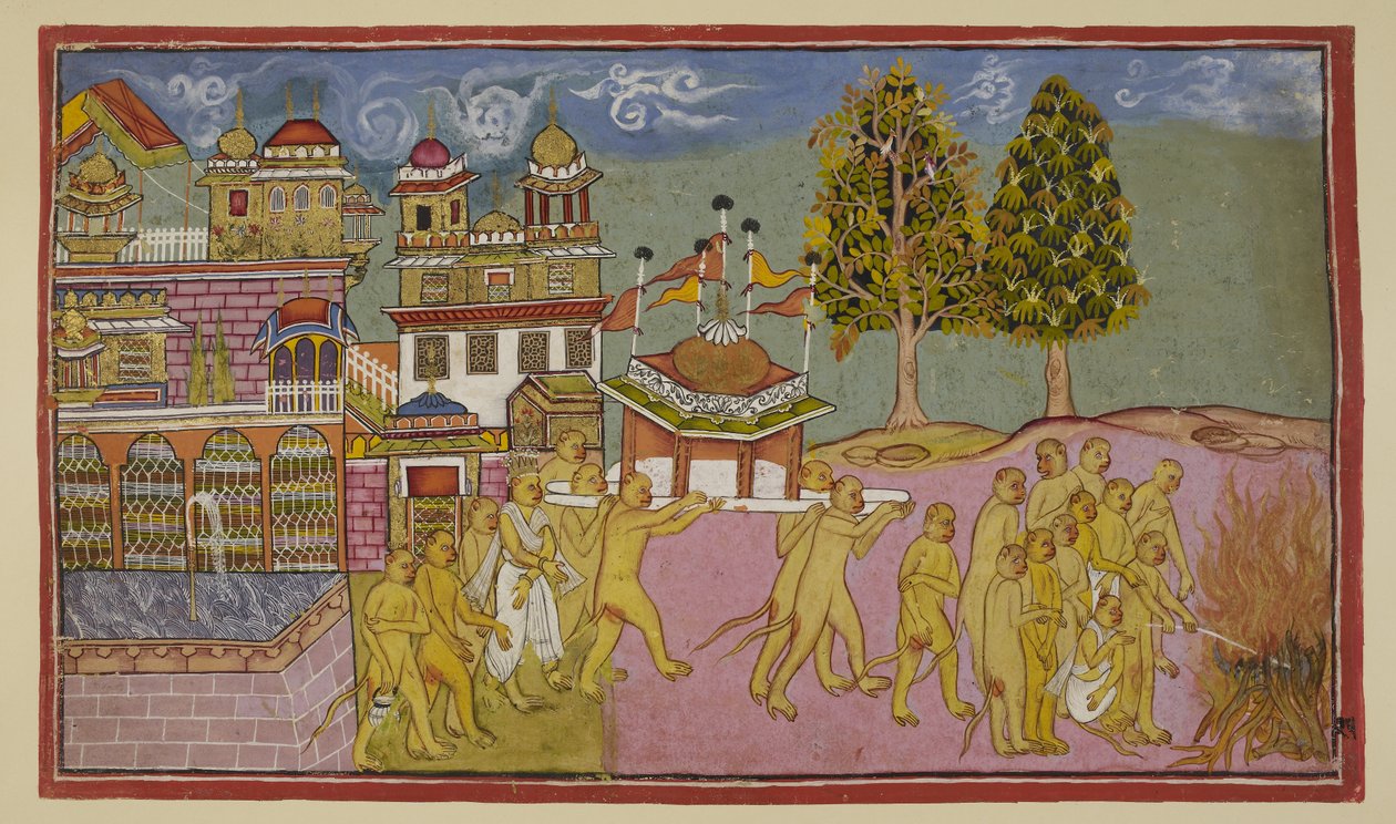 Add hozzá 15296 (2) f.25r, Bali fehérrel borított testét egy kupolás és lobogós palánkba hordják a palotából, és egy temetési máglyában fogyasztják el, Sugriva és Angada vezetésével a temetési szertartásokat. alkotó: Indian School