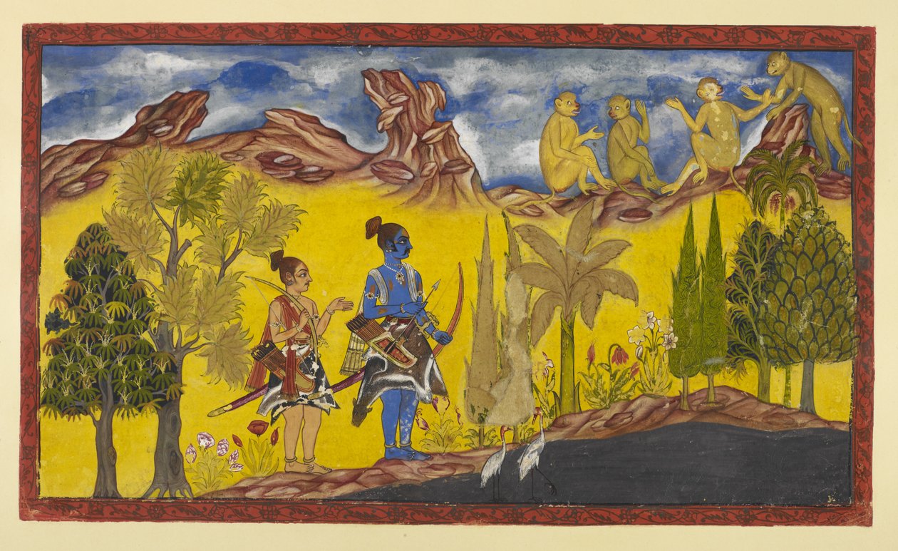 Add 15296 (2) f.2r, Az elrabolt Sita utáni kétségbeesett keresés során Rama és Laksmana a Pampa-tóhoz jutottak, amelyet lótusz borít és virágzó fák vesznek körül. Tavasz van, és Rámát folyamatosan emlékezteti a párzási bi alkotó: Indian School