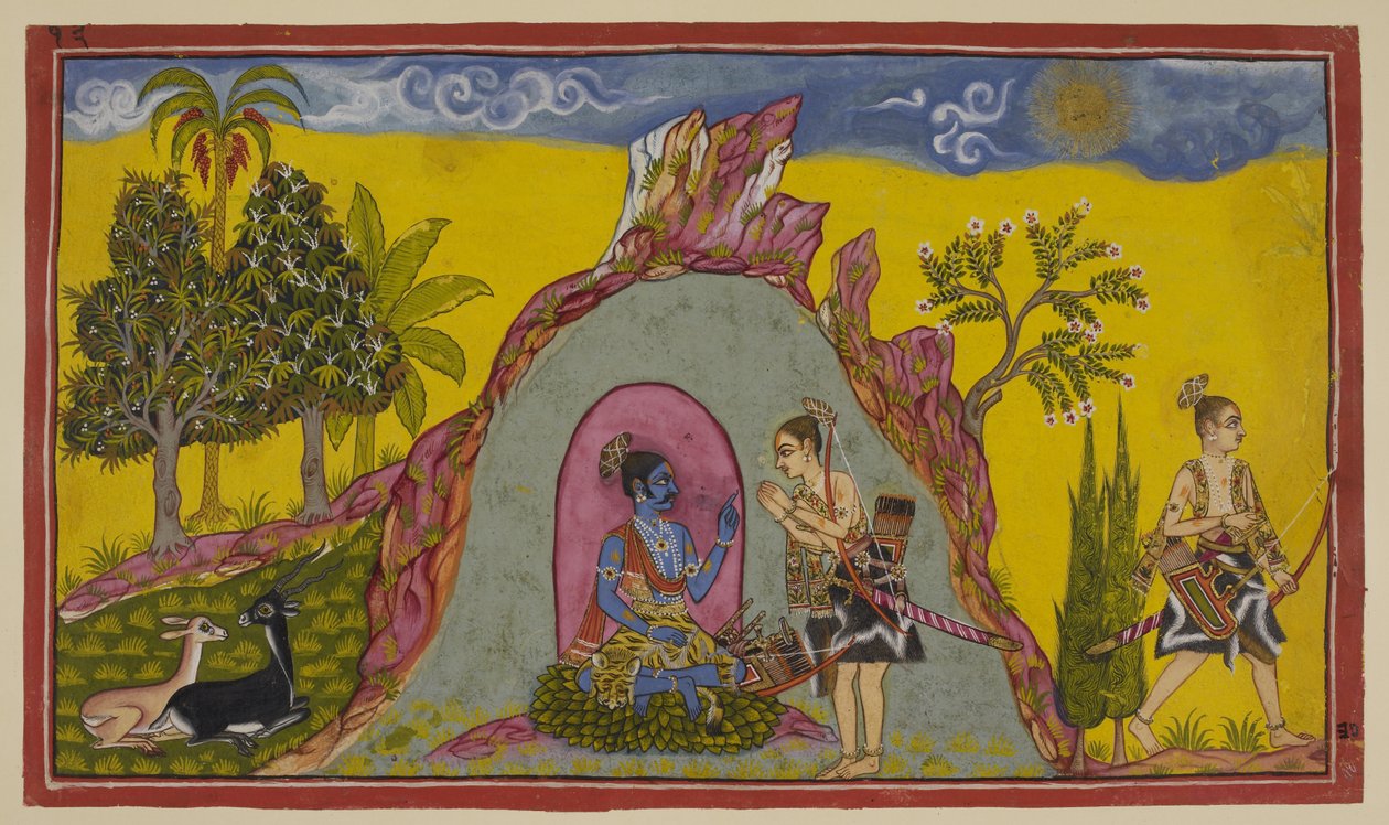 Add 15296 (2) f.30r, A Prasravana hegyen a két herceg az ősz eljöveteléig és a háborús időszak eljöveteléig vár, addig pedig a hegyi növény- és állatvilág szépségében, valamint a hegy csodáiban gyönyörködik. az esős évszak. De egyszer enthr alkotó: Indian School