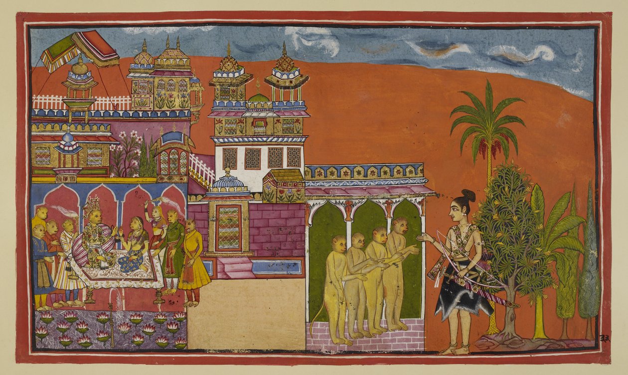 Add hozzá 15296 (2) f.33r, A dühös Laksmana elérte Kiskindha kapuját, ahol Angada, Bali fia és más majmok fogadják. A palotában lassan előkerül a koronás Sugriva, aki a bölcs Tarával egy kanapén ül. alkotó: Indian School