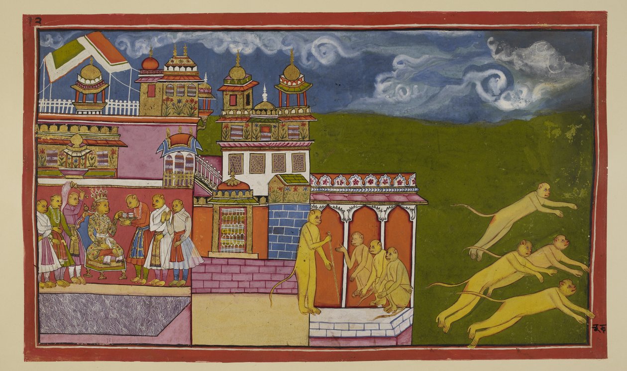 Add 15296 (2) f.36r, Ezen a kissé oda nem illő illusztráción a trónján ülő Sugriva, aki italt fogad el egy kísérőtől, Hanuman azt tanácsolta, hogy csillapítsa le Laksmana haragját. Sugriva Hanuman unszolására küldöncöket küldött ki, hogy hívják meg az övéi alkotó: Indian School