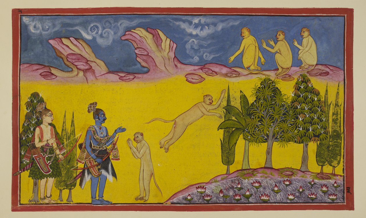 Add hozzá az 15296 (2) f.3r-t, Sugriva először megijedt, azt gondolva, hogy ezeket a fegyveres harcosokat bitorló testvére, Bali küldte, hogy pusztítsák el. Elküldi okos miniszterét, Hanumant, hogy többet tudjon meg a két idegenről. Hanuman bemutatkozik alkotó: Indian School