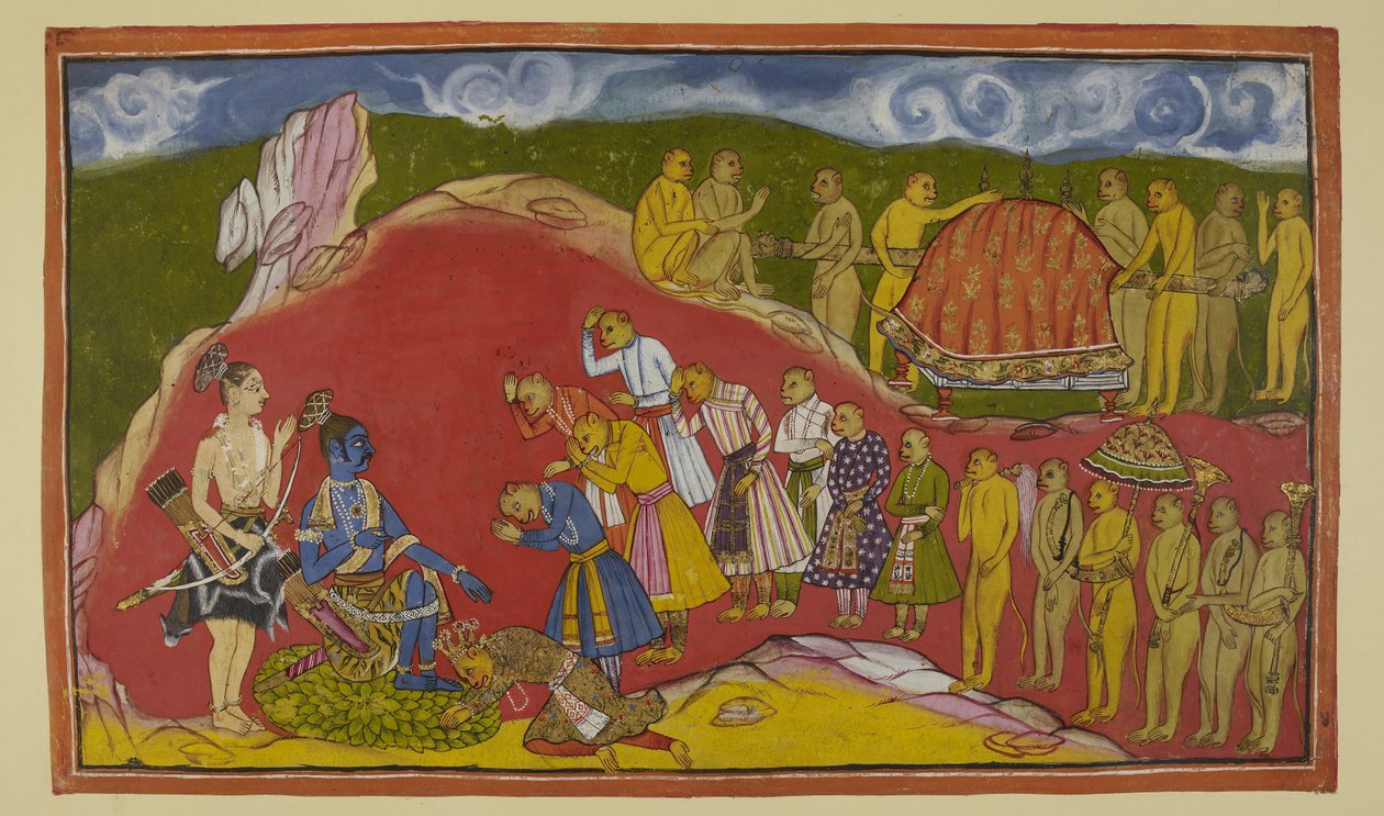 Add hozzá 15296 (2) f.44r, Rama a barlangjában egy lótuszszirmokon ülve, mellette Laksmanával, nagyon boldog, amikor látja a hatalmas majmok seregét, amelyet Sugriva hozott magával. Sugriva Rama lába elé borul, és a majom-miniszterek is tisztelik alkotó: Indian School