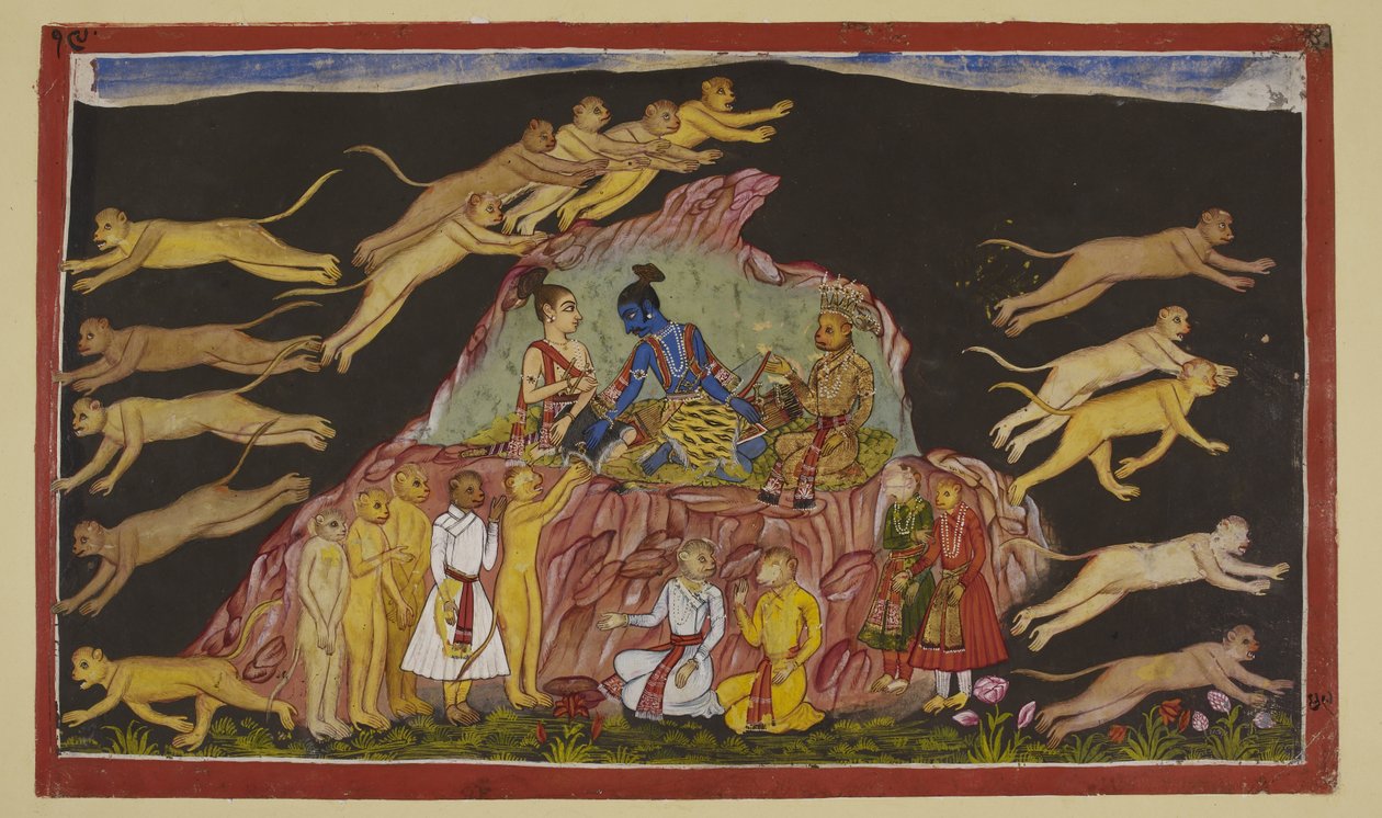 Add hozzá az 15296 (2) f.49r-t, Rama, Laksmana és Sugriva egy sziklás magaslaton ülnek. Sugriva négy részre osztja hatalmas csapatait, és kiküldi őket, hogy kutassák fel a négy negyedet Sita után. Minden csapatvezetőnek leírja a terepet, amellyel találkozn alkotó: Indian School