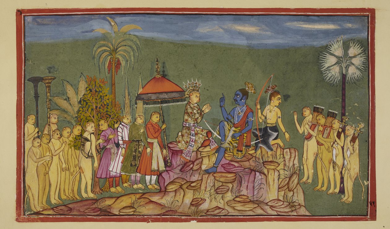 Add hozzá a 15296 (2) f.56r-t, Rama megkérdezi Sugrivát, aki korábban leírta a világ négy negyedét, hogyan ismerte meg őket ilyen jól. Sugriva elmondja neki, hogy a bátyja, Ba üldözte a négy negyeden keresztül alkotó: Indian School