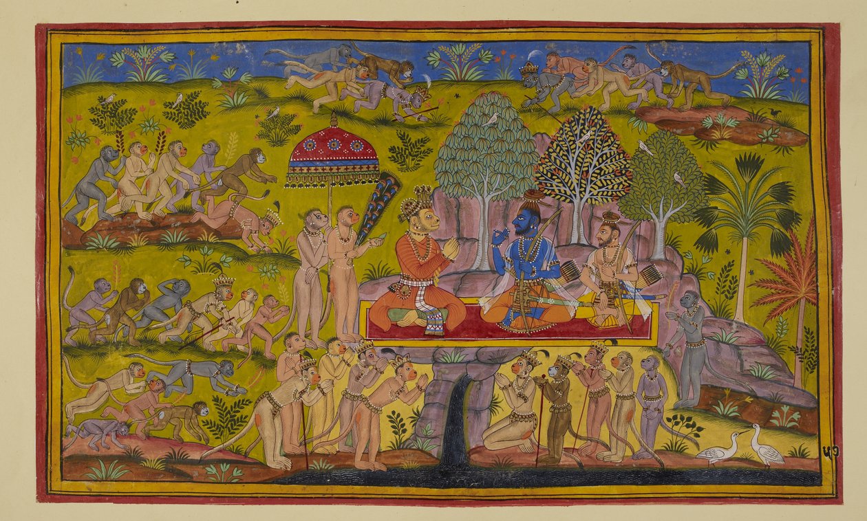 Add hozzá a 15296 (2) f.57r-t, miközben Sugriva még mindig a két testvérnek folytatott korábbi kalandjairól beszél, a keleti, északi és nyugati negyedbe kiküldött majmok visszatérnek, és azt jelentik, hogy a küldetésük hiábavaló volt, semmi jele nem volt.  alkotó: Indian School