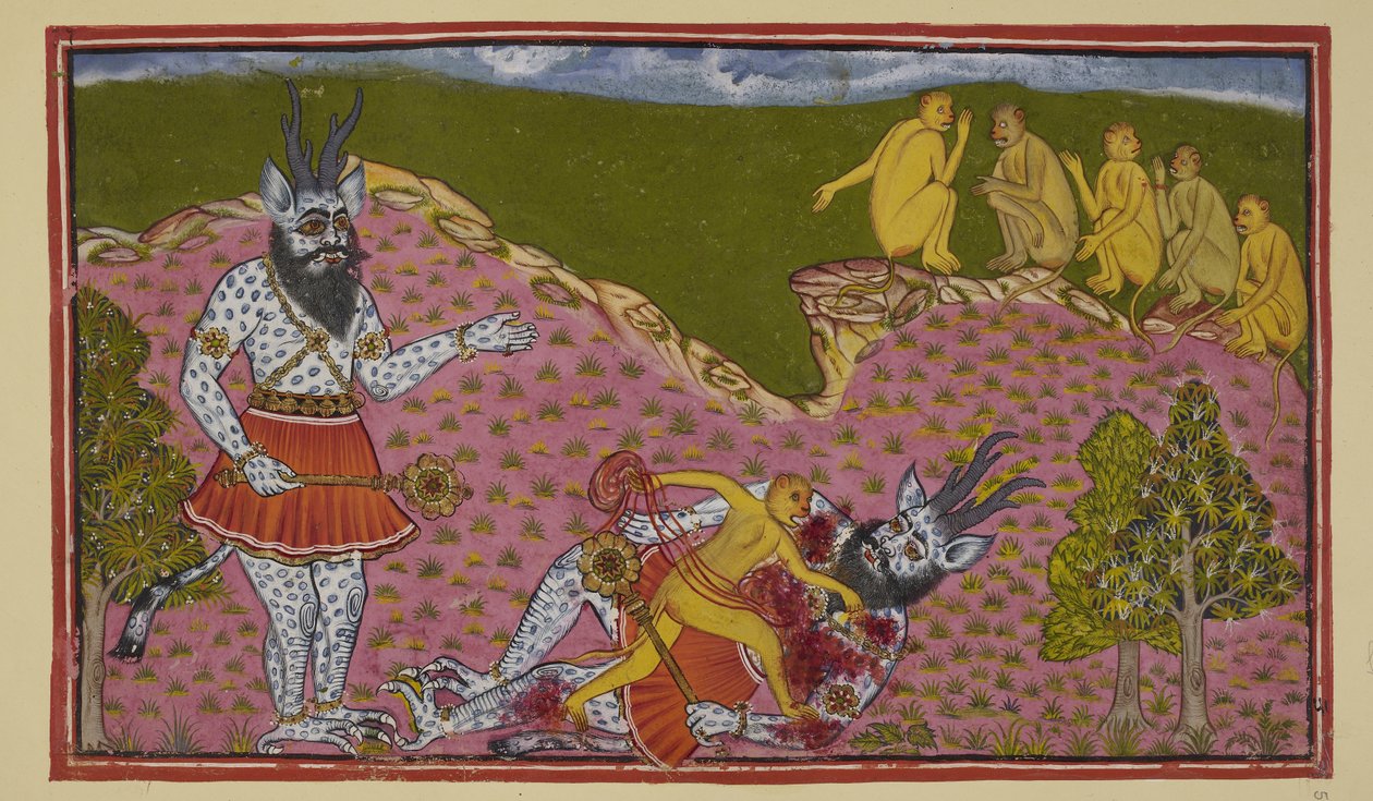 Add hozzá 15296 (2) f.59r, A dél felé tartó majmok, köztük Hanuman és Angada, egy hatalmas assurára (démonra) bukkannak, kék és pikkelyes, szarvakkal és buzogánnyal. Angada azt hiszi, hogy ő Ravana, és a földre löki, és kizsigereli, míg a többi majom figye alkotó: Indian School