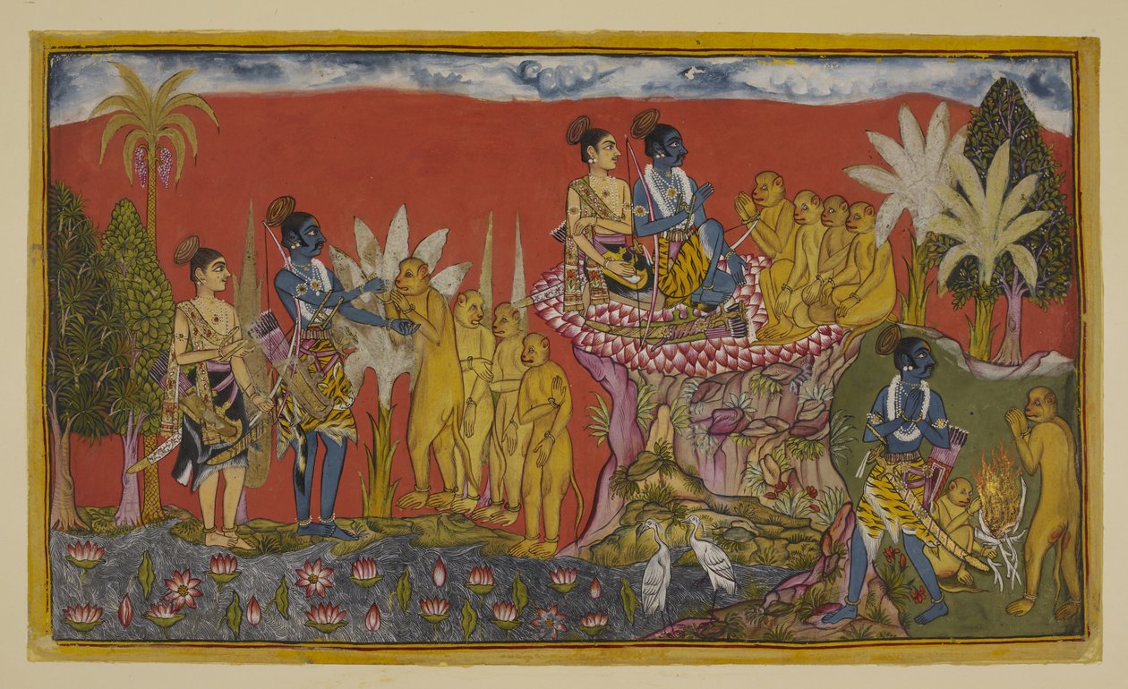 Add hozzá az 15296 (2) f.5r-t, Hanuman most Ramát és Laksmanát hozza Sugriva jelenlétébe a hegyen. Rama és Sugriva összekulcsolják egymás kezét baráti fogadalmuk jeléül, miközben Laksmana és a többi majom figyeli őket; majd hasonló szellemben sétál a kettő alkotó: Indian School