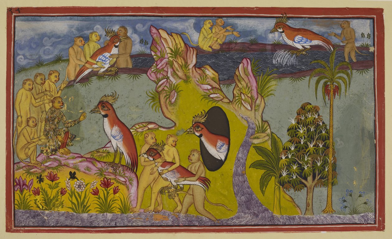 Add 15296 (2) f.68r, A majmok úgy döntöttek, hogy éhen halnak a déli óceán partján, ahelyett, hogy visszatérnének, hogy szembenézzenek királyuk haragjával. Látja őket a szárnyatlan keselyű, Sampati, Jatayu keselyűkirály testvére, aki alkotó: Indian School