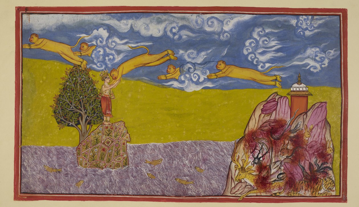 Add hozzá 15296 (2) f.84r, Hanuman, akit nem riaszt az óceán szélessége, hatalmasra duzzasztja magát, és a még mindig égő Mahendra-hegyet indítóállásként használva az űrbe veti magát, és átveti magát az óceánon La szigetországba. ?k?. Az óceán encoura alkotó: Indian School