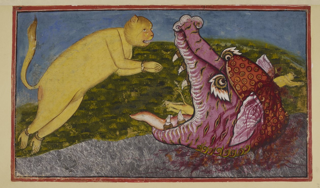 Add 15296 (2) f.86r, A kígyóanya, Surasa, aki az óceán fenekén lakik, és az istenek kényszerítették Hanumán próbára, hatalmas tengeri szörnyeteggé változtatta magát, hatalmas állkapcsokkal, vörös, lila és agyaras. Nem számít, milyen szélesre tágítja alkotó: Indian School
