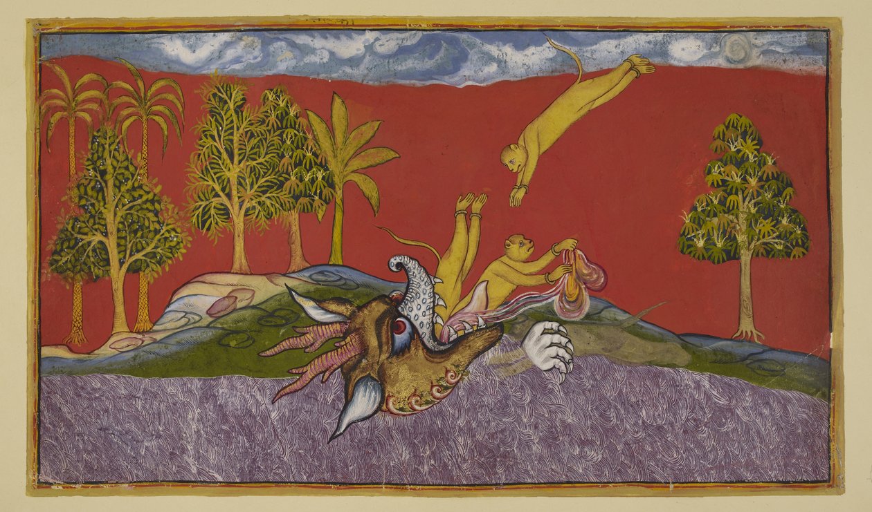 Add hozzá 15296 (2) f.87r, Hanuman belemerül a démon Siṃhika szájába alkotó: Indian School