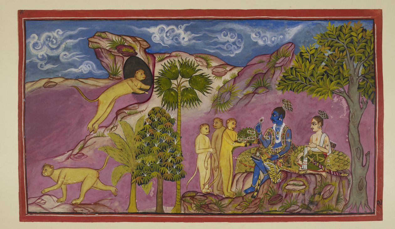 Add hozzá az 15296 (2) f.9r számot, Sugriva elmondja Rámának, hogy látta, amint Ravana Sitát egy szekéren a magasba viszi, küszködik, és Ráma és Laksmana nevét kiáltja. Amikor meglátta lent, leesett az ékszerei és egy felsőruhája. Sugriva berohan egy barla alkotó: Indian School