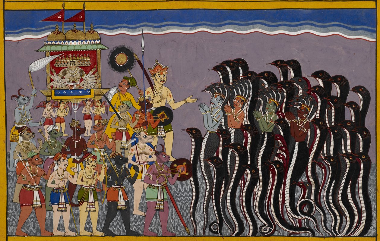 Add hozzá 15297(2) f.43r Ravana leszáll a vizes régiókba vagy a rasatalaba, az óceán fenekén található pokolba. Vasukit, a víz istenét és a nagákat összefogott kézzel ábrázolják, ahogy Ravana leigázza őket a demóval körülvett szekerén alkotó: Indian School