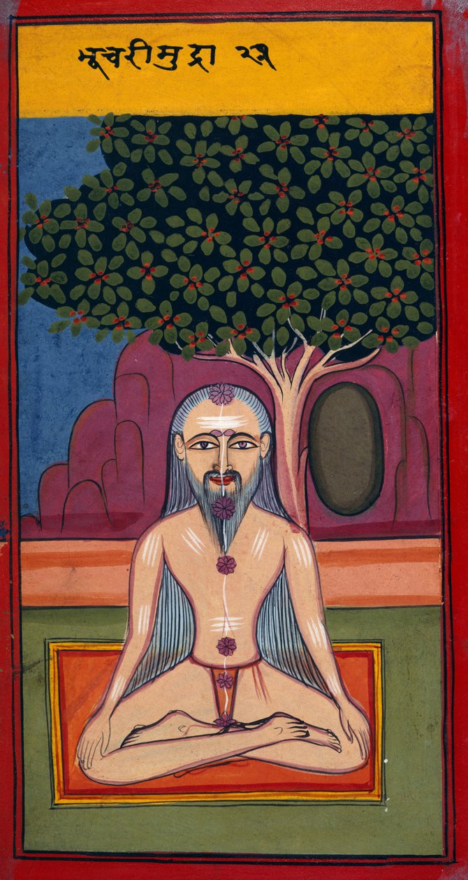 Adjon hozzá 24099 fol.114v Jógit bhuszári testtartásban, ászanákból és mudrákból (hatha jóga) (guache papíron) alkotó: Indian School