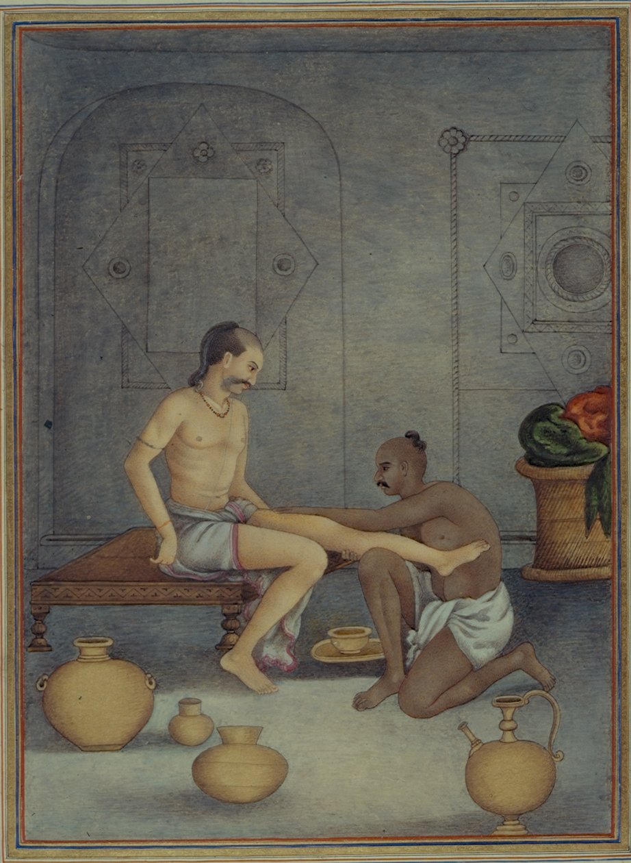 Adja hozzá a 27255 fol.208v Egy embert a Ghulam szolgával, James Skinner ezredes (1778-1841) által összeállított „Tashrih al-aqvam” 1825 (guache papíron) alkotó: Indian School