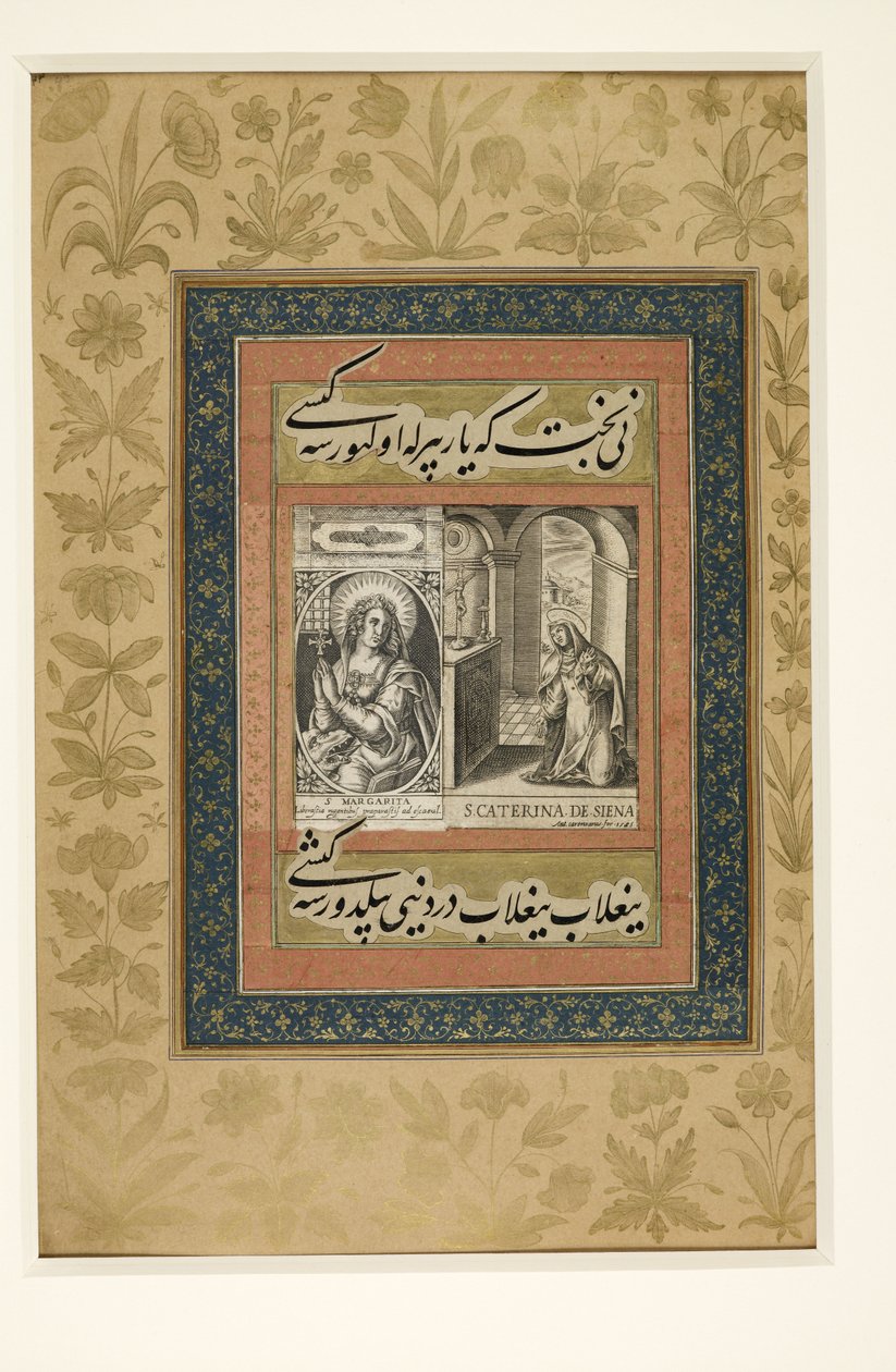 Hozzáadás. Vagy. MS 3129, f. 43r oldal Sienai Szent Katalin európai metszetével, a „Dara Shikoh Album”-ból, 1640 körül (metszet és pergamen) alkotó: Indian School