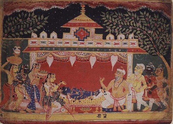 A csecsemő Krisna imádása egy szétszórt "Bhagavita Purana"-ból, Mewar, Rajasthan alkotó: Indian School