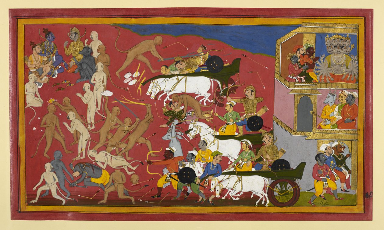 Akampanát Hanumān megöli; Rāma tanácsa démonok visszavonulásaként tervez. alkotó: Indian School