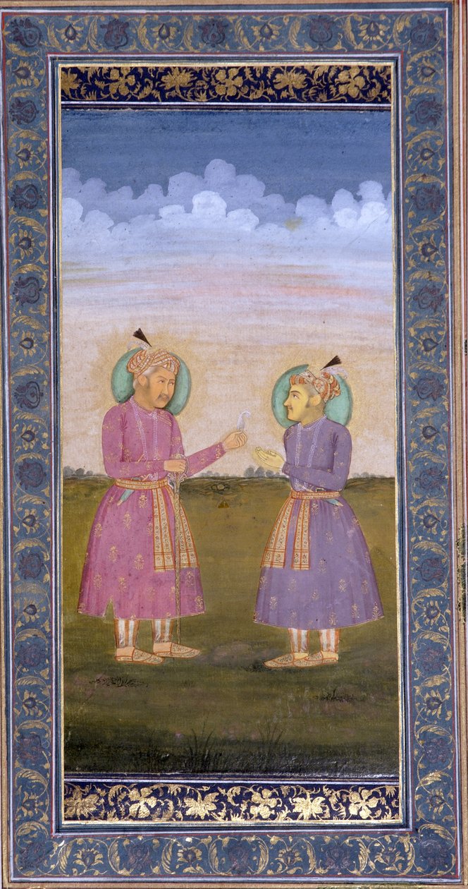 Akbar egy ékköves tollat ad át fiának, Jahangirnak, 1845 körül (átlátszatlan wc és arany papíron) alkotó: Indian School