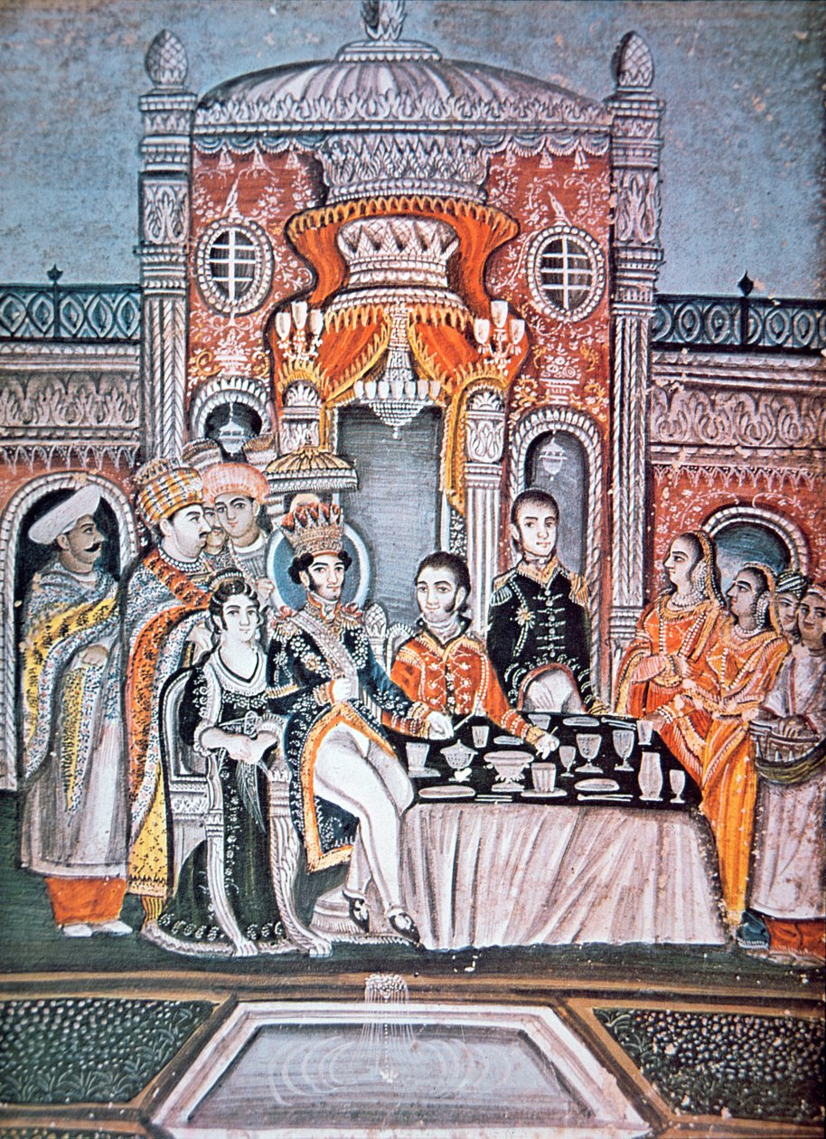Egy indiai herceg szórakoztatja a brit tisztviselőket, 1810 körül (gouache papíron) alkotó: Indian School