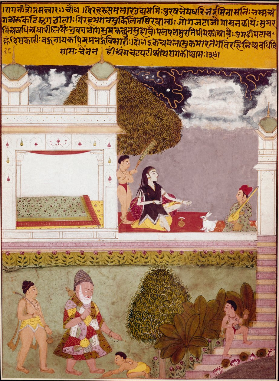 Egy aszkéta zenét hallgat az indiai iskola miniatűr palotájának teraszán, 1760 körül. Magángyűjtemény alkotó: Indian School