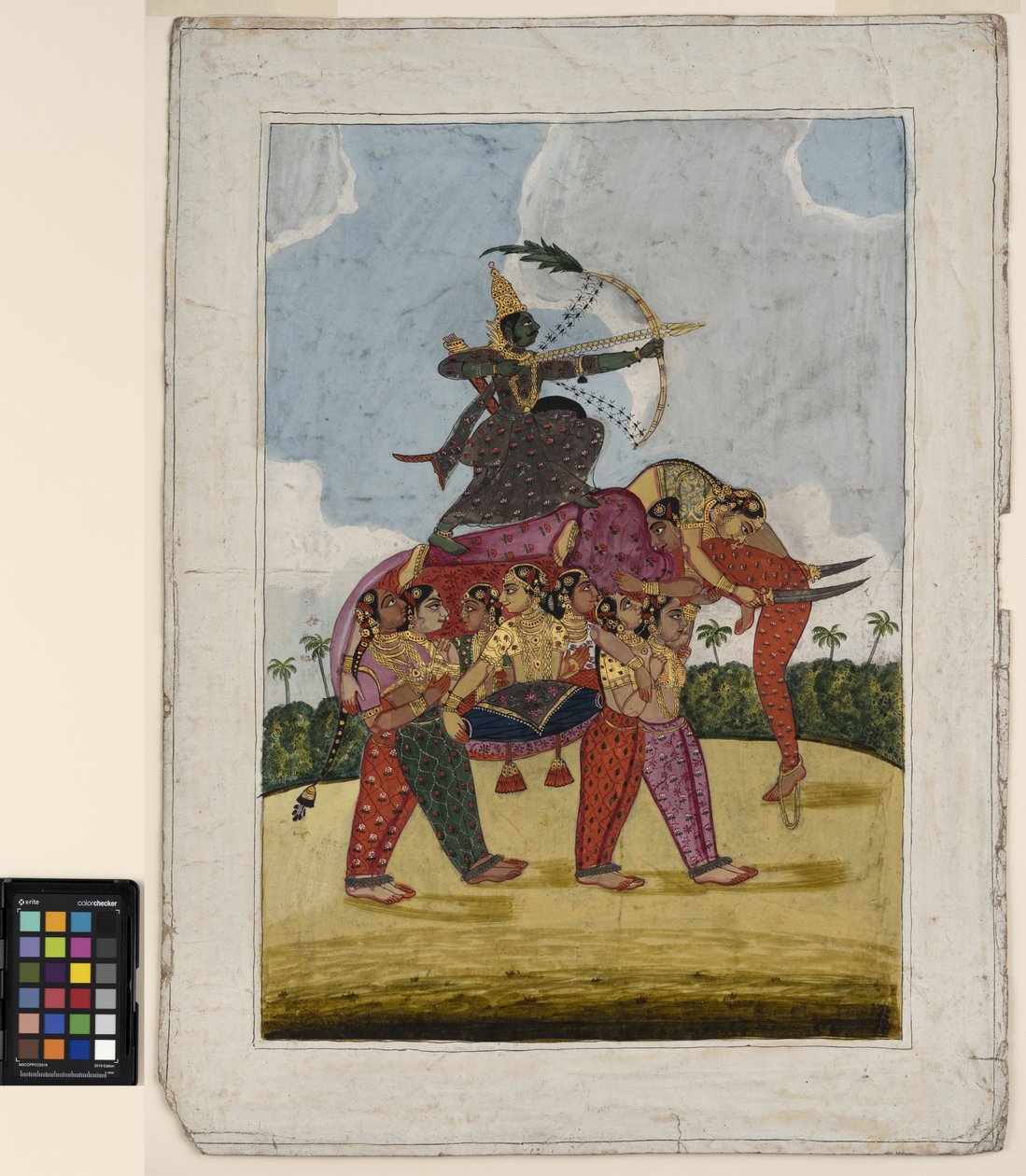 Táncoló nőkből álló, összetett elefánt, 1825 körüli íjász hegyeként (átlátszatlan akvarell és arany a papíron) alkotó: Indian School