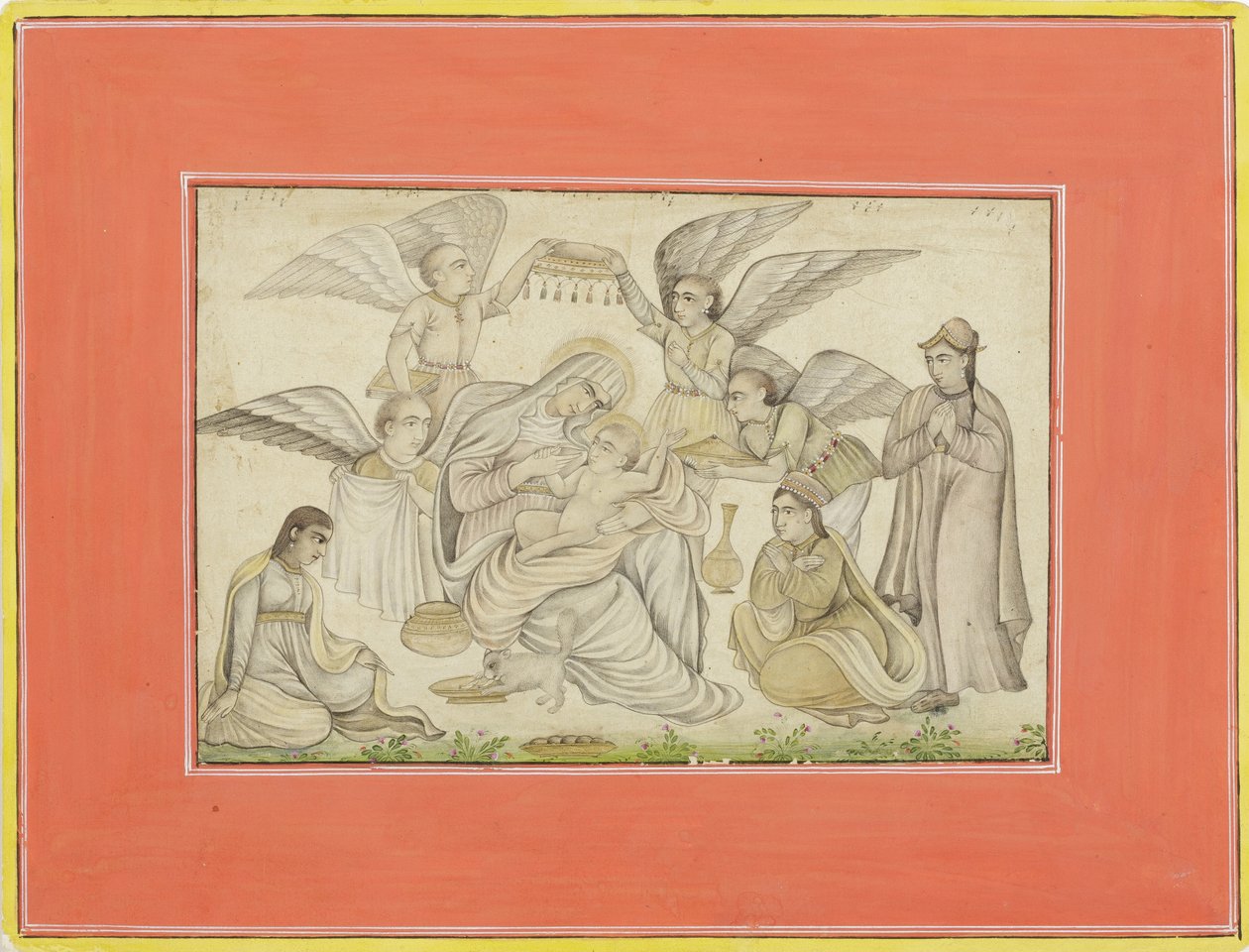 Angyalok járják Máriát és Jézust, 1665 körül (átlátszatlan wc és arany papíron) alkotó: Indian School