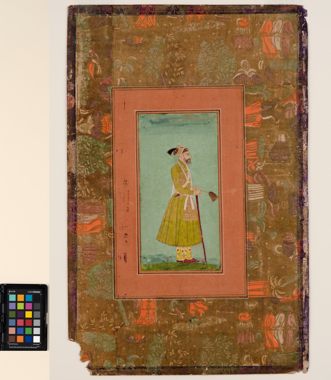 Aurangzeb légyhabverővel a kezében, 1680 körül (átlátszatlan akvarell és arany papíron, albumoldalra rögzítve) alkotó: Indian School