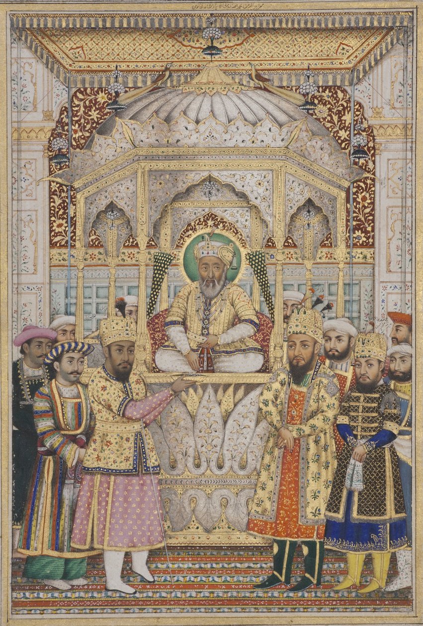 Bahadur Shah II Darbarban, 1837 körül (átlátszatlan wc és arany papíron) alkotó: Indian School