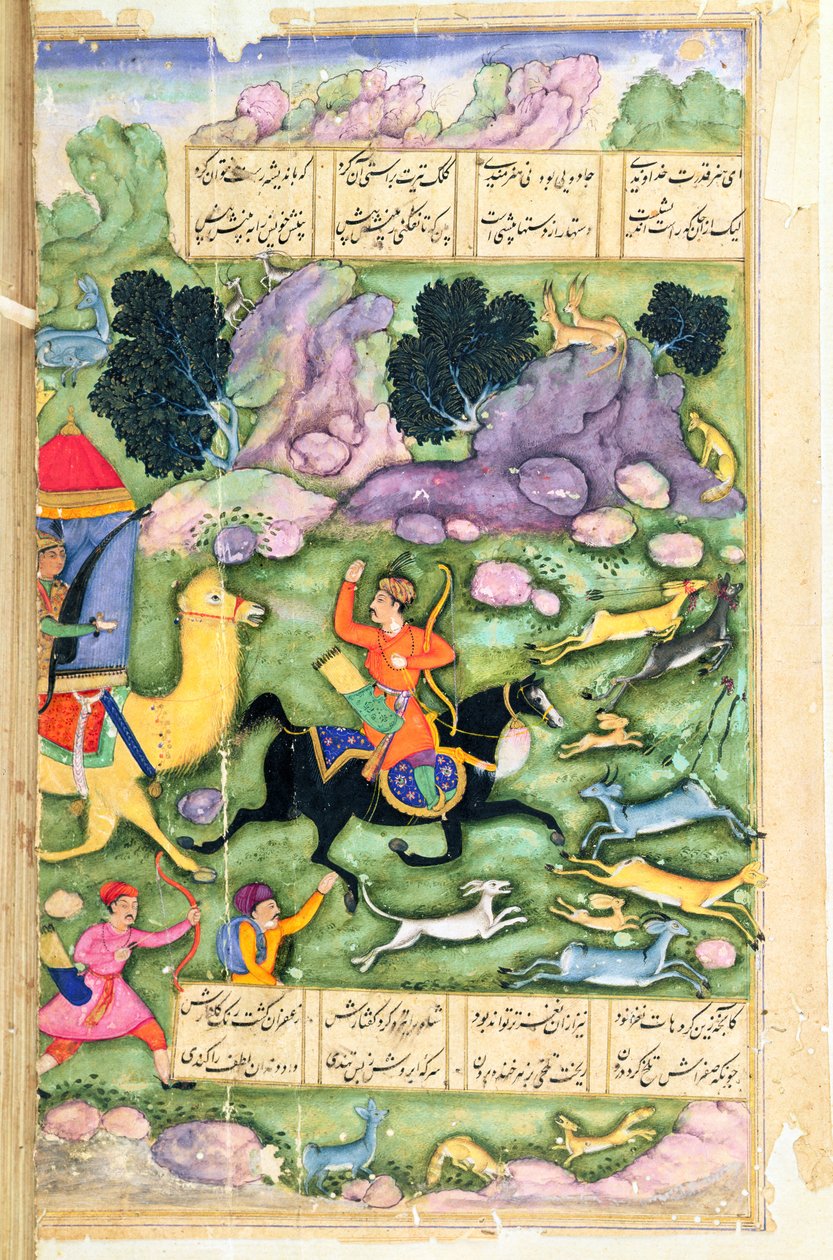 Bahram Gur bátorságát mutatja Azaddal vadászva, 107a. fólió, A nyolc paradicsomból, Amir Khusrau Dihlavi (1253-1325) írta Nizami, Moghal Khamsa (kvintett) története alapján alkotó: Indian School