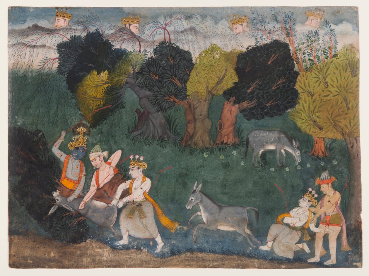 A Balarama megöli a szamárdémont, oldal egy szétszórt Bhagavata Purana sorozatból, 1725 körül (átlátszatlan akvarell és ezüst papíron) alkotó: Indian School