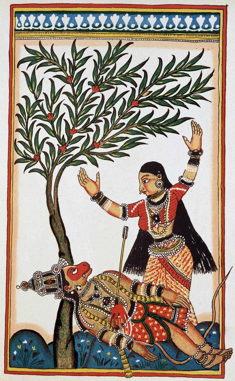 Balit megölte egy nyíl, mellette Tara a felesége, litho tizennyolcadik. alkotó: Indian School