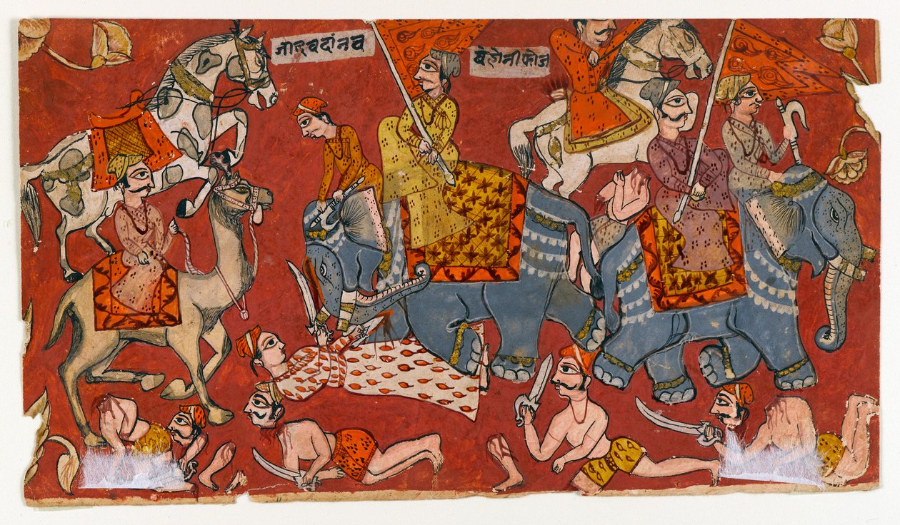 Csatajelenet egy Bhagavata Purana sorozatból, 1625-1650 körül (akvarell és arany, papíron) (499329 versója) alkotó: Indian School
