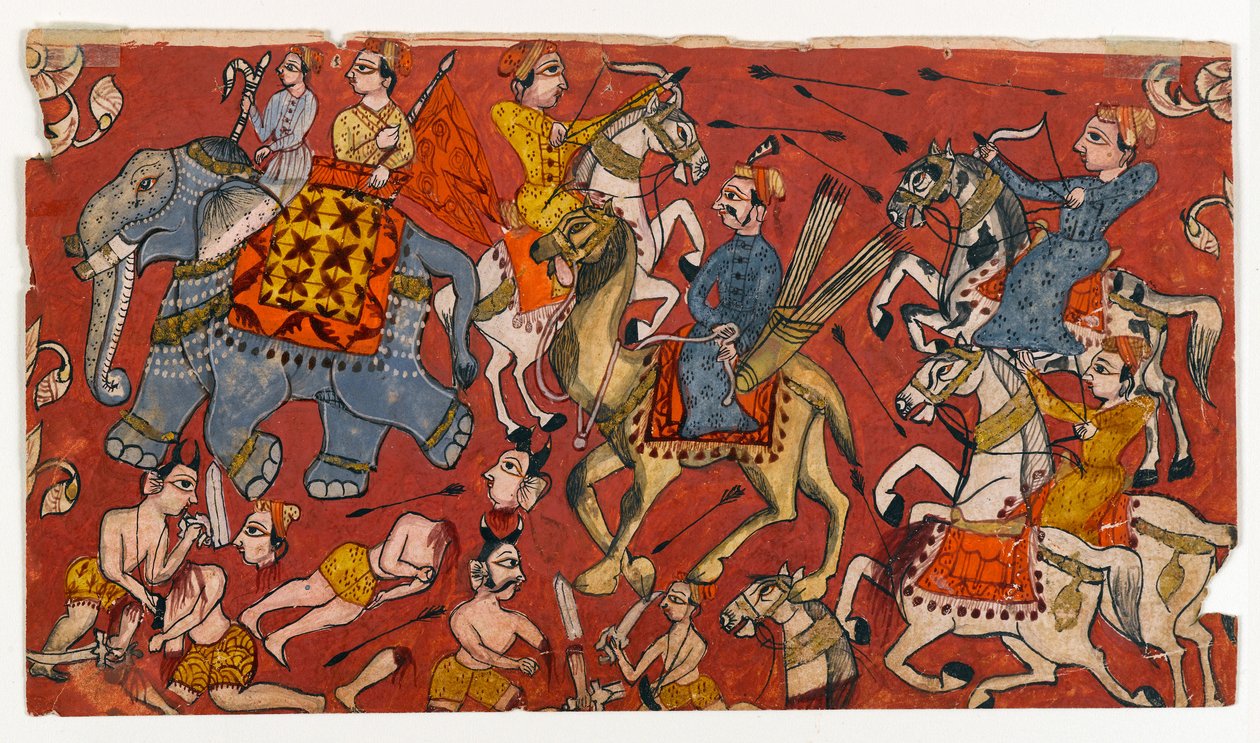Csatajelenet egy Bhagavata Purana sorozatból, 1625-50 körül (akvarell és arany papíron) (499330 recto) alkotó: Indian School