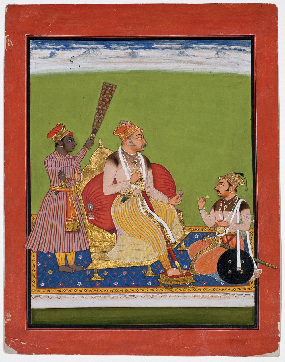Bhao Singh trónoló nemessel a lábánál, 1680 körül (átlátszatlan wc és arany papíron) alkotó: Indian School