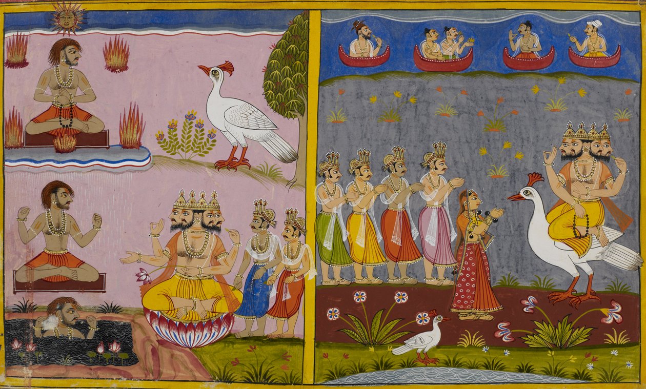 Brahmā megadja Kumbhakarnának a végtelen alvást és Bibhīṣaṇának az igazságosság áldását. alkotó: Indian School