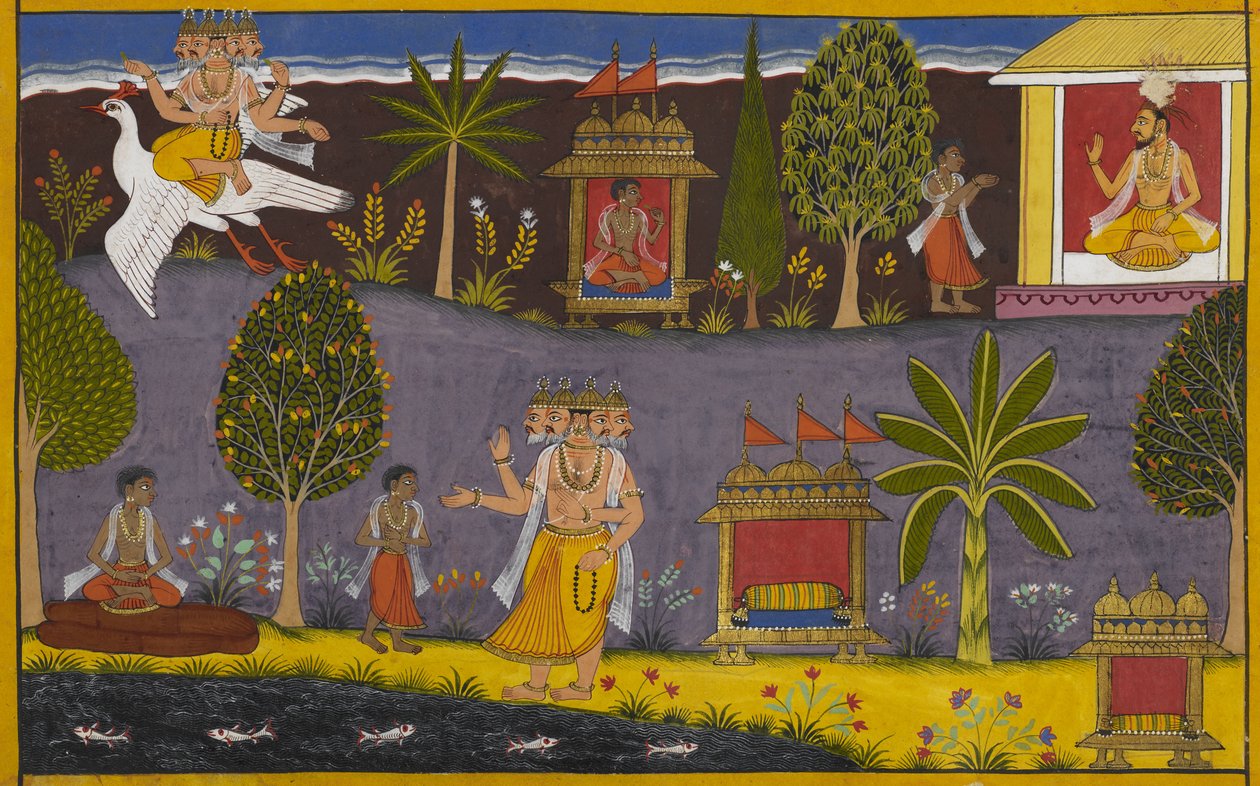 Brahmā Vaiśravaṇát a Gazdagság Urává teszi; később konzultál apjával. alkotó: Indian School