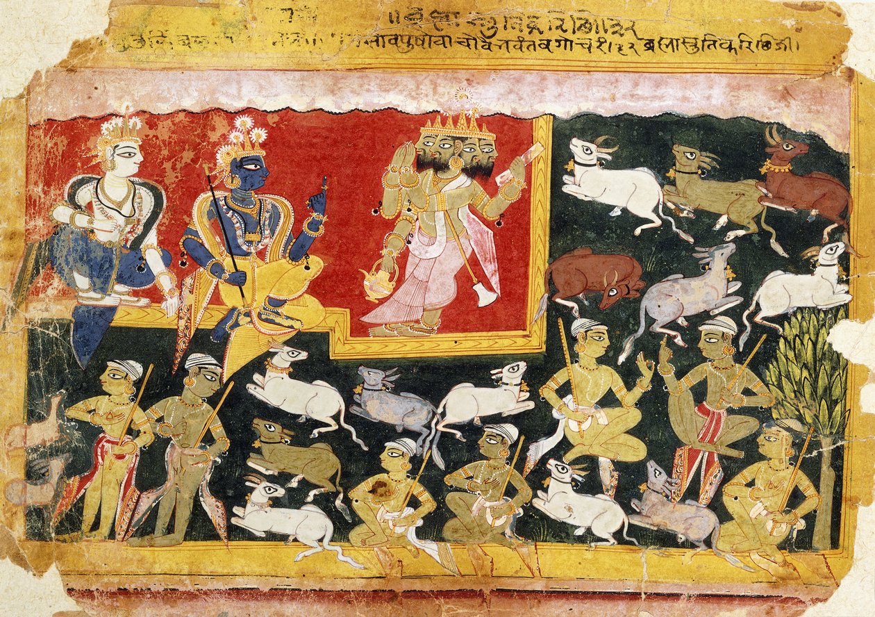 Brahma tisztelgés Krsnának, mint Visnu megtestesülésének, 1540-1575 körül alkotó: Indian School