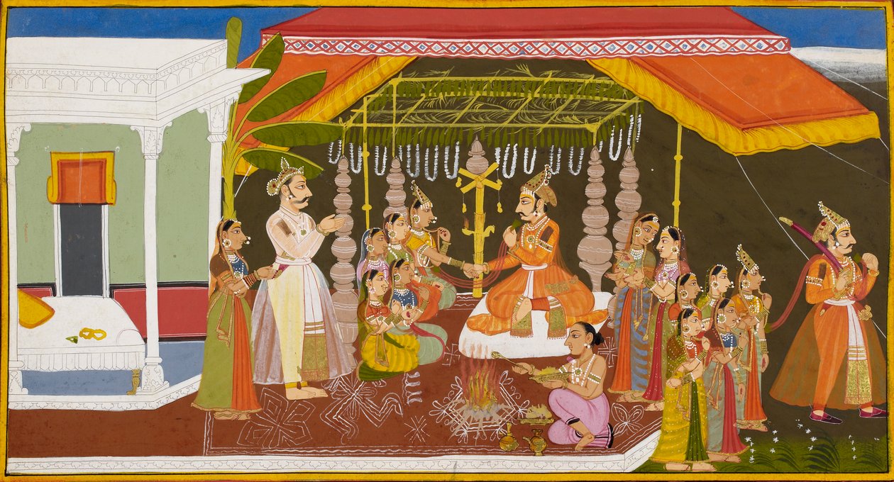 Brahmadatta helyreállítja Kusha király lányainak szépségét, a király kedvében járva. alkotó: Indian School