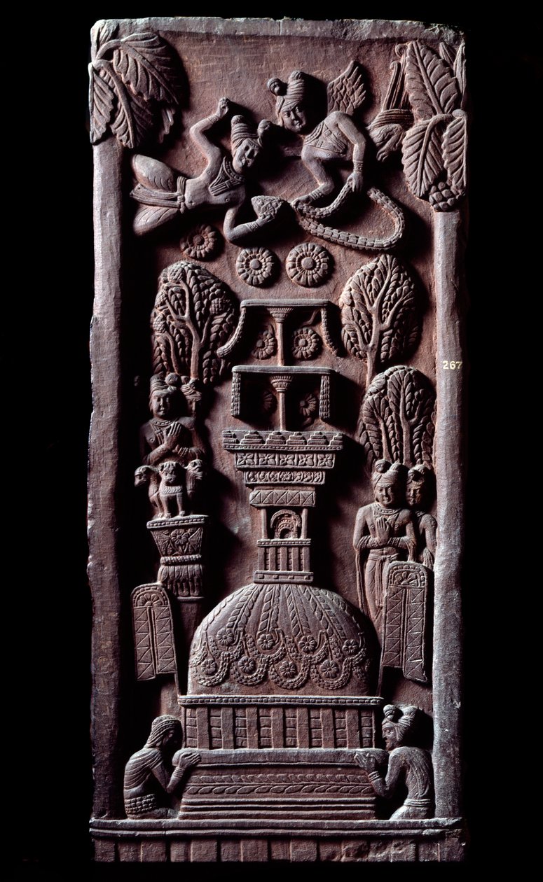 Buddhizmus: „” Mahaparinirva a ou parinirvana, Buddha földi létezésének vége, eléri a nirvánát” (Parinirvana, végső nirvána, amely Buddha testének halála után következik be) részlet du stupa de Bharhut (Barhut, Barouth) Alacsony dombormű fekete alkotó: Indian School