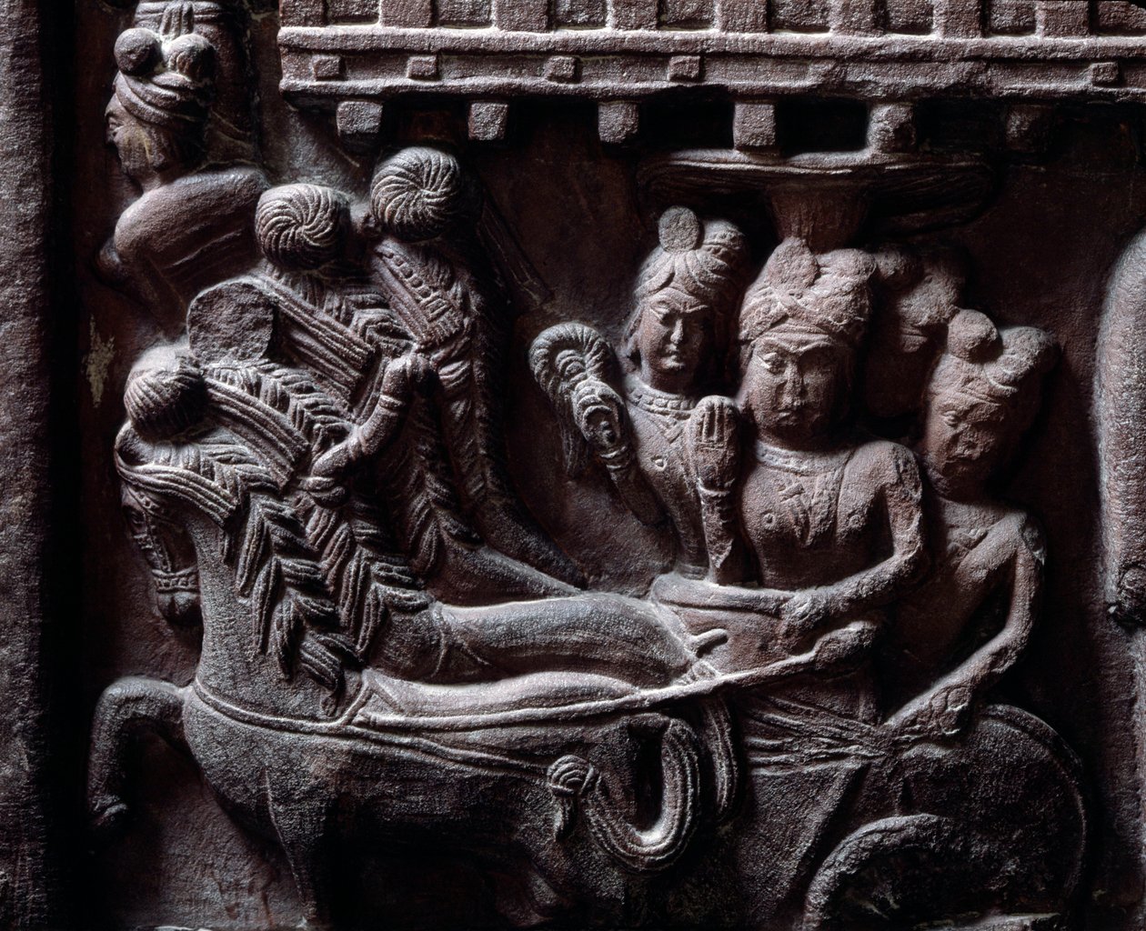 Buddhizmus: "" Prasenjit utolsó látogatása Buddhánál" (Prasanjit utolsó látogatása Buddhánál) részlet du stupa de Bharhut (Barhut, Barouth) Fekete kő alacsony domborműve, ie 2. század (Kr. e. 2. század) - Kolkata, indiai múzeum alkotó: Indian School