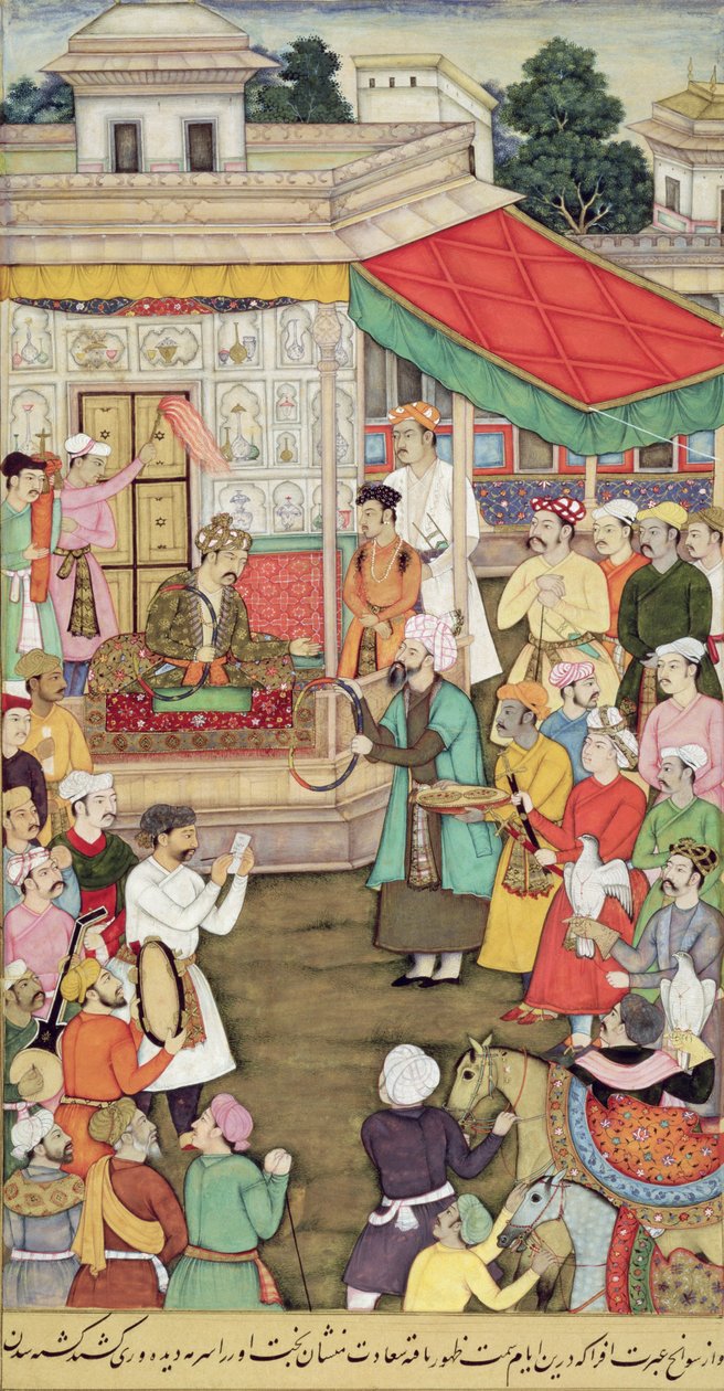 CBL 03.54-ben Akbar (r.1556-1605) ajándékokat kap Badakhshan nagyköveteitől, Akbarnamából, 1605 körül alkotó: Indian School